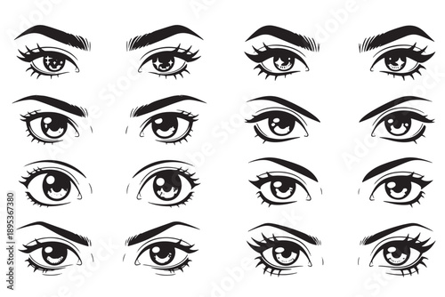 A collection of various female eyes with different eyebrow and eyeliner styles on a white background