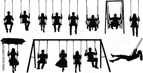 Silhouettes of People on Swings and a Person with an Umbrella playground children