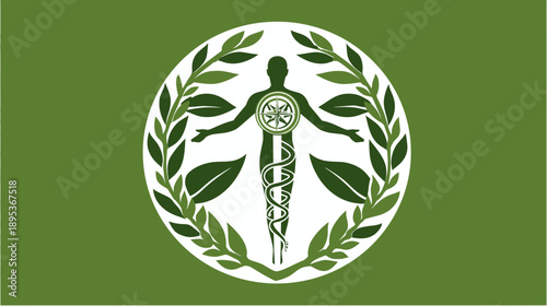 Green emblem of holistic health and natural medicine, featuring a human silhouette, healing symbol, and natural leaves