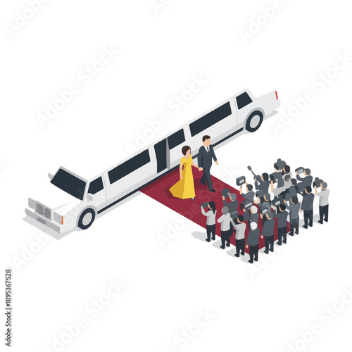 Celebrities arriving at a red carpet event in a luxurious limousine.