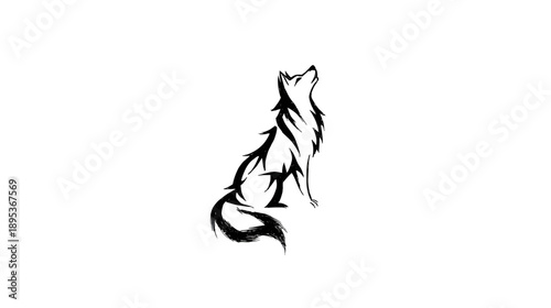 Stylized black and white wolf howling, artistic tribal tattoo design, wild animal illustration, spiritual animal spirit