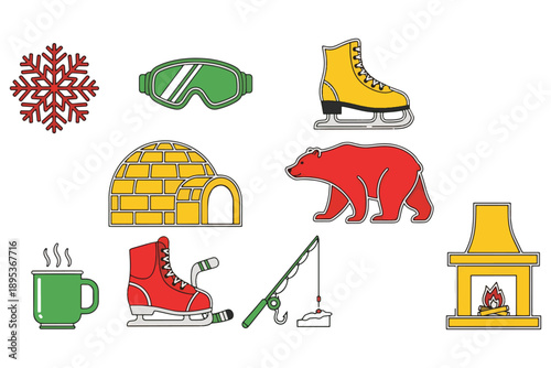 A colorful illustration of winter icons including snowflakes, ice skates, and a cozy igloo