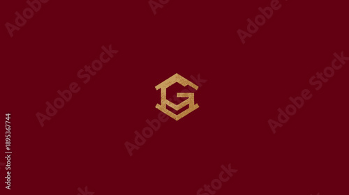 Elegant golden J and G monogram in a hexagonal shape on a rich maroon background. Abstract geometric logo design for luxury branding.