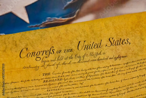 Tableau sur toile War torn American flag under the Delcaration of Independence  Illustrating Freed