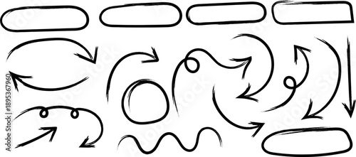A collection of hand drawn arrows and looping shapes presented in a simple black and white sketch style showcasing various directional cues