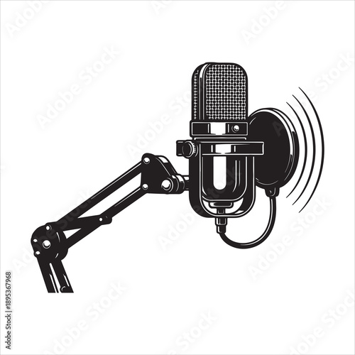 Vintage podcast microphone with adjustable boom arm and pop filter is isolated on transparent background