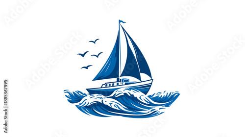 Stylized blue sailboat navigating ocean waves with flying birds, marine travel adventure illustration