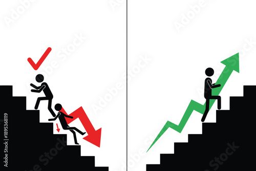 A person climbing stairs with arrows indicating success and failure in business or personal growth