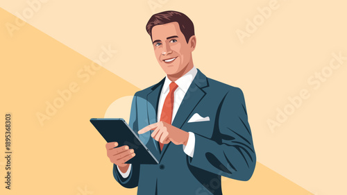 A smiling professional businessman in a blue suit works on a digital tablet with confidence