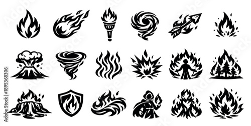 Elemental Control Fire in outline style: flame symbol, fireball, torch flame, fire swirl, burning arrow, ember spark, volcano eruption, fire tornado, heatwave. Vector icons