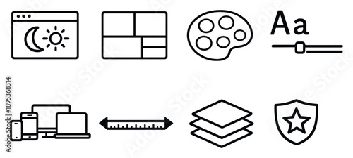 Design and layout customization in outline style: theme selector, layout grid, color palette, typography settings, responsive screen sizes, spacing ruler. Vector icons