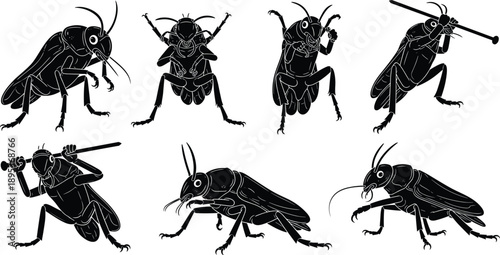 Cricket silhouettes, anthropomorphic insects, baseball poses, cheering bugs, expressive cricket art, black vector insects, whimsical entomology, sports-themed insect illustration