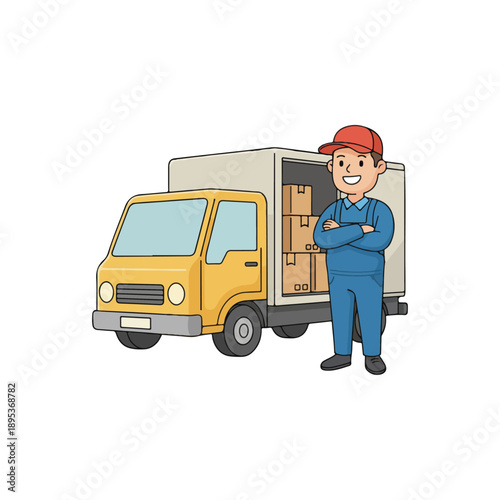 Delivery Man Standing Beside Yellow Truck.