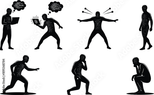 Emotional state icons, psychological silhouette set, stress vector, confusion symbol, anger gesture, thinking pose, black illustration, mental health pack