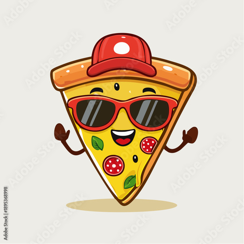 a vector mascot of a cute, smiling slice of pizza with cartoonish eyes