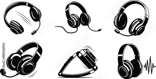 Headphone icons, headset silhouettes, sound wave design, black vector set, audio gear illustration, microphone headset, digital listening device pack