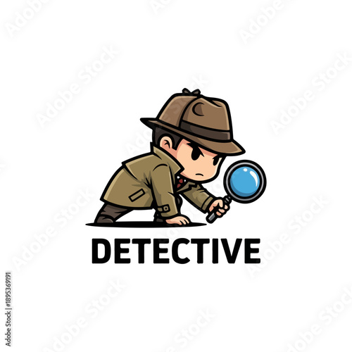Cute Cartoon Detective Character with Magnifying Glass Logo.