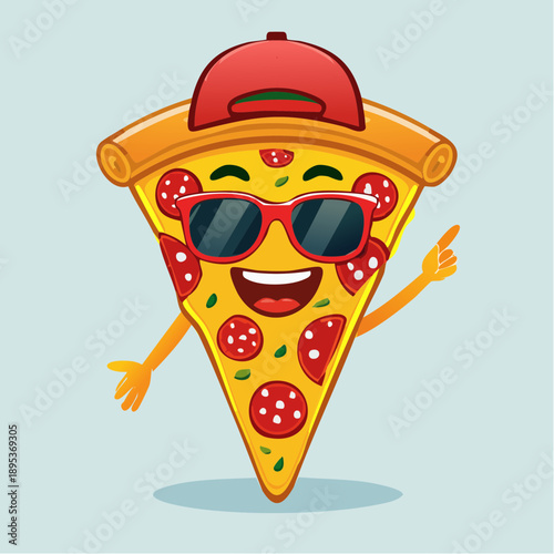 a vector mascot of a cute, smiling slice of pizza with cartoonish eyes