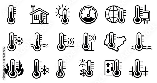 Thermometers for Weather and Environment in outline style: outdoor thermometer, weather station icon, thermometer in the sun, outdoor temperature gauge, climate. Vector icons