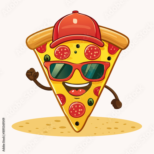 a vector mascot of a cute, smiling slice of pizza with cartoonish eyes