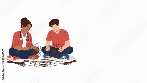 People doing craft activity, on floor with natural materials. Woman with stethoscope and man collaborate, finding peace, shared interest during craft activity. Image for mindful relaxation, community,