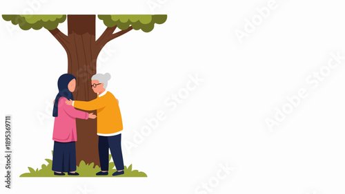 People hugging tree, two women embracing brown trunk with green canopy. Diverse women show environmental care, symbolizing connection human nature. Ideal for ecological awareness, conservation,