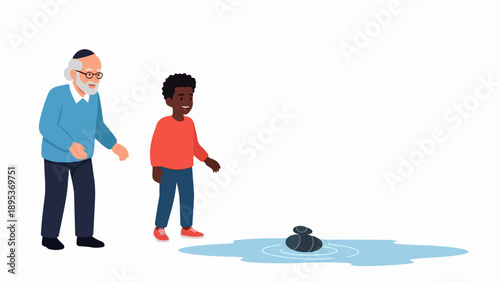 Elderly man and young boy performing Tashlich custom by water. Spiritual tradition depicts repentance, symbolic casting away of sins during High Holy Days.