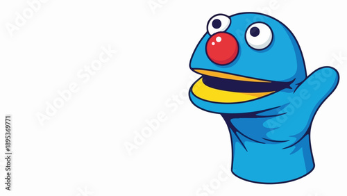 Blue sock puppet with googly eyes and red nose on white background. Colorful sock puppet character features hand made appearance and playful expression.