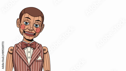 Classic ventriloquist dummy with wooden body and expressive face, featuring bow tie and pinstripe vest. Intricate ventriloquist dummy design portrays a talking puppet,