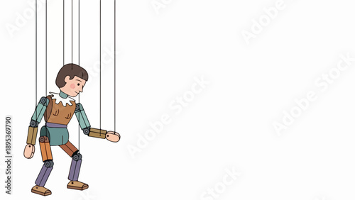 Wooden marionette puppet with strings attached to articulated body, white background. Traditional marionette puppet figure, segmented limbs, used in theater, storytelling.