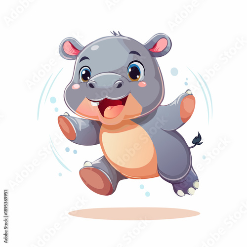 Cute pygmy hippo baby, shiny moist skin, open mouth biting playfully, round chunky body vector mascot