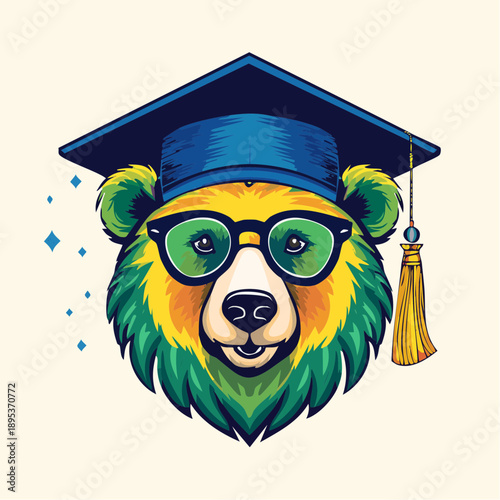 Design a friendly and approachable bear mascot for a school. The bear should wear a graduation cap