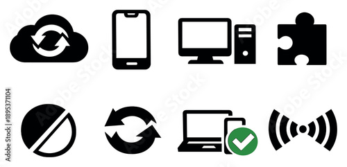 Cross device access and sync in bold style: cloud sync arrows, mobile phone, desktop computer, browser extension icon, offline access symbol, update refresh. Vector icons