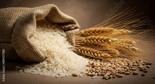 Burlap sack with rice spilling out and wheat grains on floor