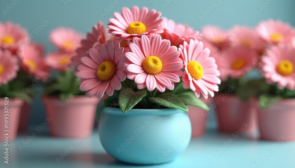 custom made wallpaper toronto digitalPink gerbera daisies bloom in soft pastel pots. Floral arrangement features yellow centers and green leaves. Multiple plants create lush garden atmosphere. Nature beauty.