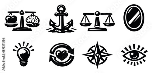 Infatuation evolution awareness in bold style: reality check scale, grounding anchor, balance indicator, reflection mirror, clarity light, emotional reset arrow. Vector icons