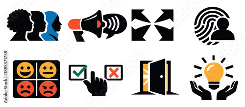 Perspectives and identities in bold style: profile silhouettes variety, voice megaphone mix, viewpoint arrows, personal identity icons, expression palette. Vector icons