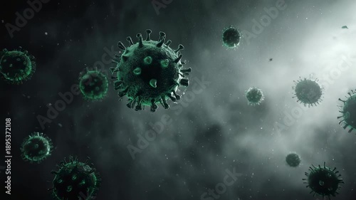 Viral particles floating in a dark, foggy environment, with a prominent virus in the foreground, illustrating the spread of disease in a mysterious atmosphere.