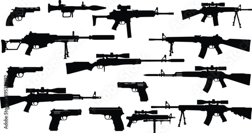 Firearms silhouettes set featuring rifles pistols and assault weapons isolated on white background military tactical black vector illustration