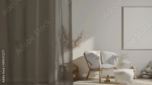A bright and serene nursery corner featuring a comfortable chair, an empty picture frame, and soft plush toys, bathed in natural sunlight.