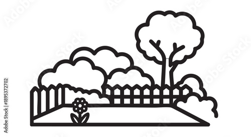 A simple garden scene with a flower, trees, and a fence viewed from the front