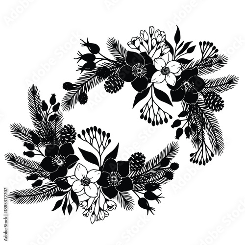 Beautiful floral illustration featuring a delicate wreath with assorted flowers and foliage on a clean white background