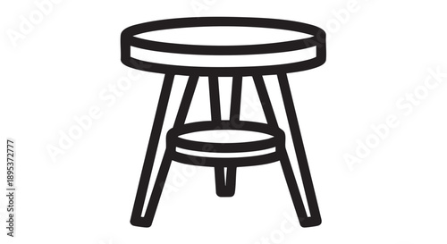 Simple black and white illustration of a three-legged stool viewed from the side in a minimalist environment