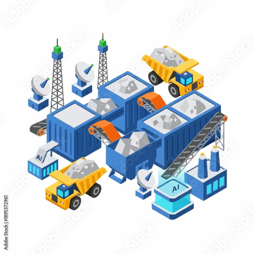 Isometric mining and processing plant with heavy machinery.