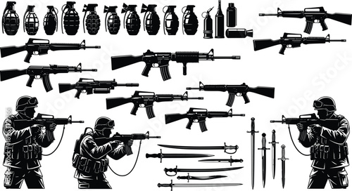 Military weapons and soldier silhouettes set with rifles grenades knives isolated on white background tactical combat black vector illustration