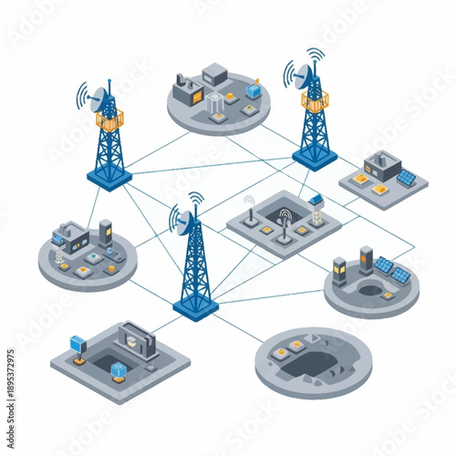 Isometric Network Infrastructure with Towers and Connected Devices.