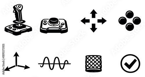 Joystick controllers overview in outline style: joystick handle, control base, directional arrows, button cluster, analog axis lines, signal output waves, grip. Vector icons