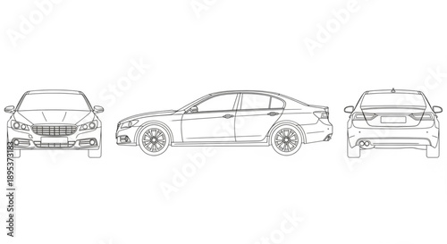 Car Blueprint Technical Drawing Three Views.