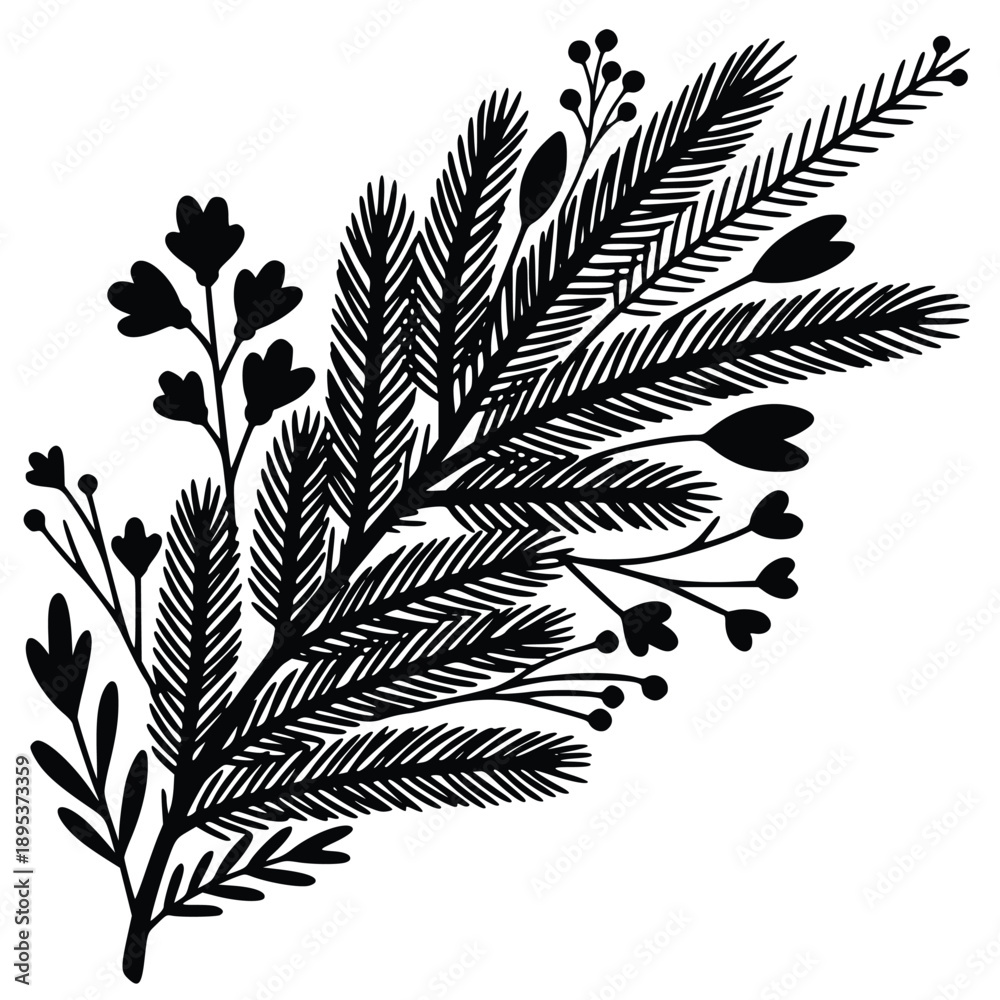 Naklejka premium Elegant black and white floral arrangement illustration with leaves and branches on a clean white background perfect for wedding invitations and decorative designs.