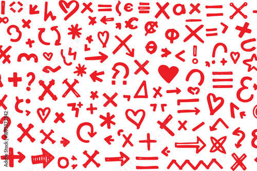A vibrant and playful seamless pattern of red mathematical and love symbols on a white background